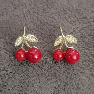 Gold and crystal rhinestone cherry post earrings